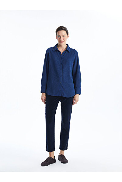 LC Waikiki Lacivert Dokulu Kadife Kadın Gömlek