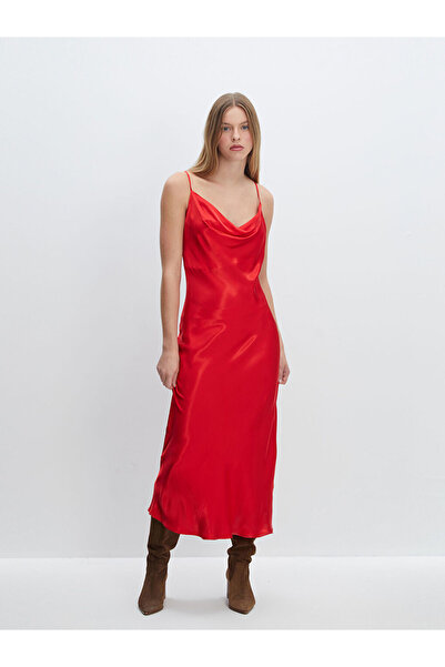 LC Waikiki Red Satin Women's Dress - Lcw Vision, Draped Collar and Straps