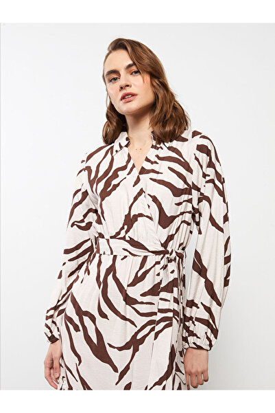 LC Waikiki Beige Shirt Collar Patterned Long Sleeve Dress