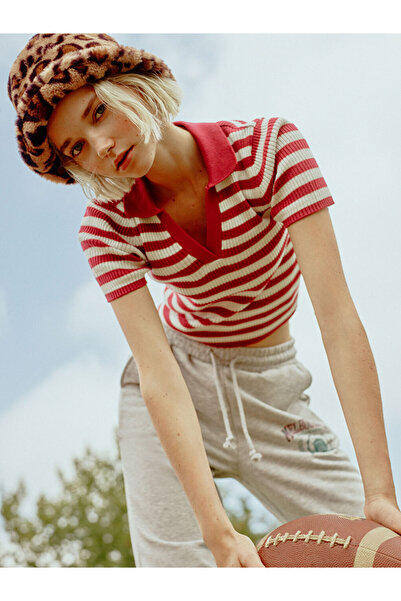 LC Waikiki Red Polo Neck Striped Short Sleeve Women's Knitwear Sweater