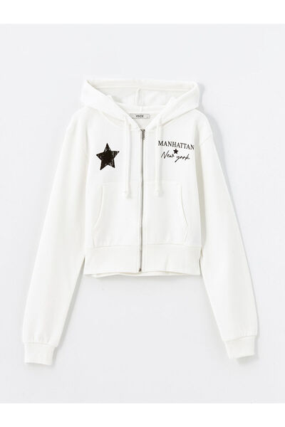 LC Waikiki Xside Hooded Printed Crop Women's Zippered Sweatshirt