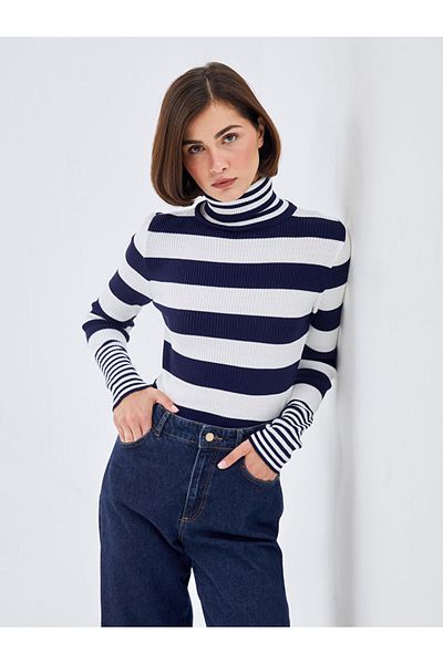 LC Waikiki   Navy Blue Striped Turtleneck Color Block Women's Knitwear Sweater