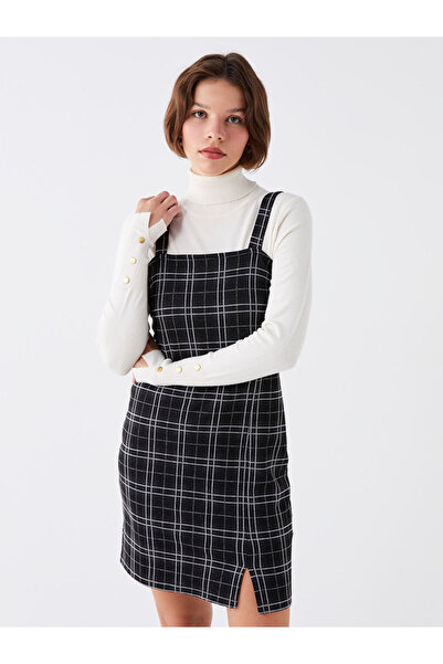 LC Waikiki Black Square Neck Plaid Strap Women's Salopet Dress