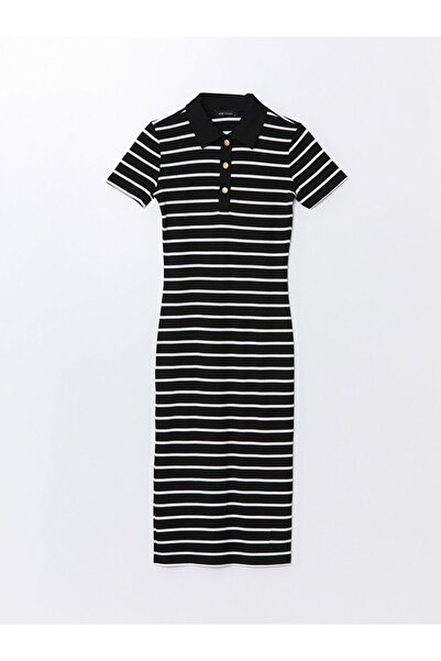 LC Waikiki Siyah Polo Yaka Çizgili Kadın Elbise
