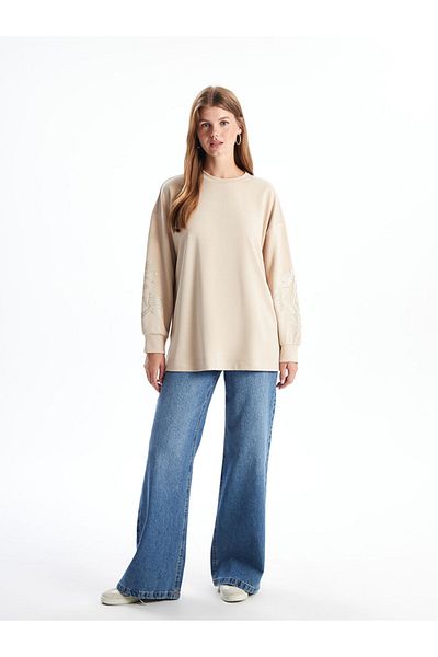 LC Waikiki Γυναικείο φούτερ LCWAIKIKI Beige Crew Neck Κεντημένο Oversize