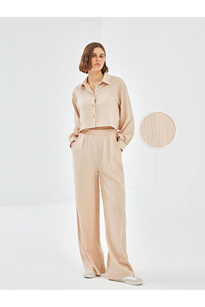 LC Waikiki Beige Textured Women's Trousers with Elastic Waist