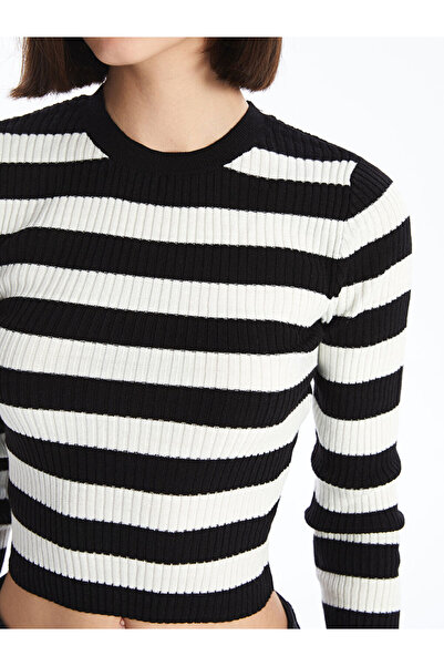 LC Waikiki Ecru Crew Neck Striped Long Sleeve Crop Women's Knitwear Sweater