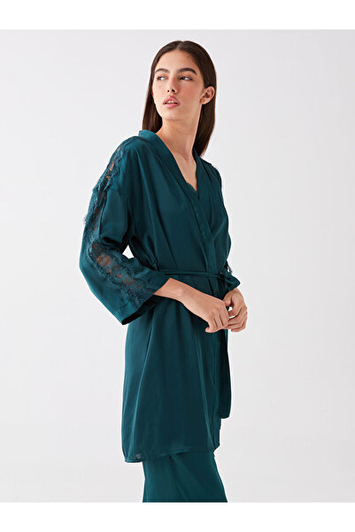 LC Waikiki Green Shawl Collar Lace Detailed Satin Women's Dressing Gown
