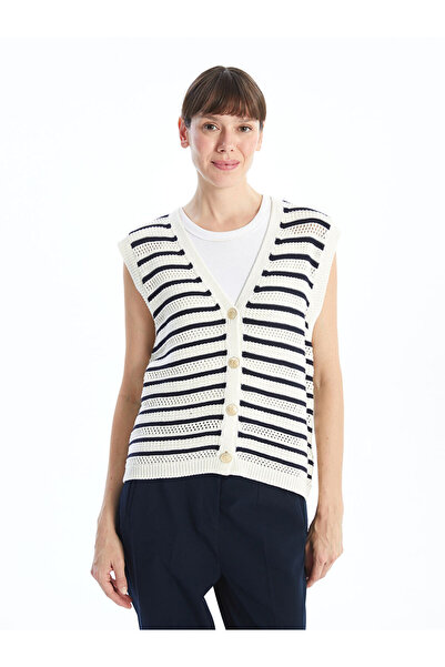 LC Waikiki Ecru V-Neck Striped Women's Knitwear Sweater