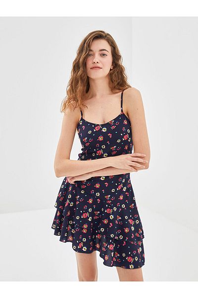 LC Waikiki Natuvera Marineblaues Damenkleid mit U-Ausschnitt und Blumenträgern