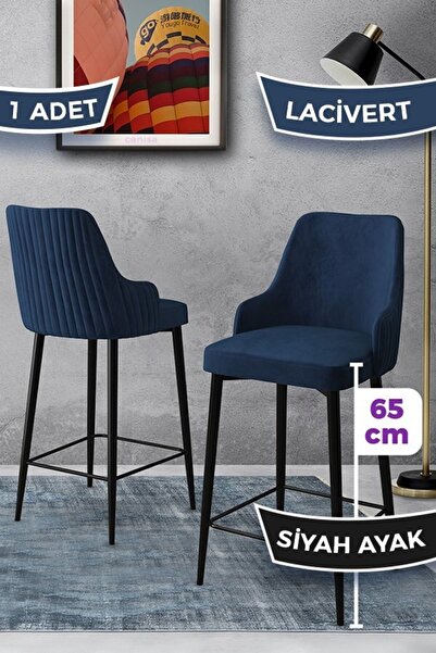 Canisa Tera Serisi 1 Adet 65 Cm Lacivert Ada Mutfak Bar Sandalyesi Babyface Kumaş Siyah Metal Ayaklı