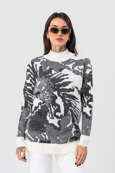 go gang own Pulover de damă cu jumătate de gât cu detaliu rupt cu flori