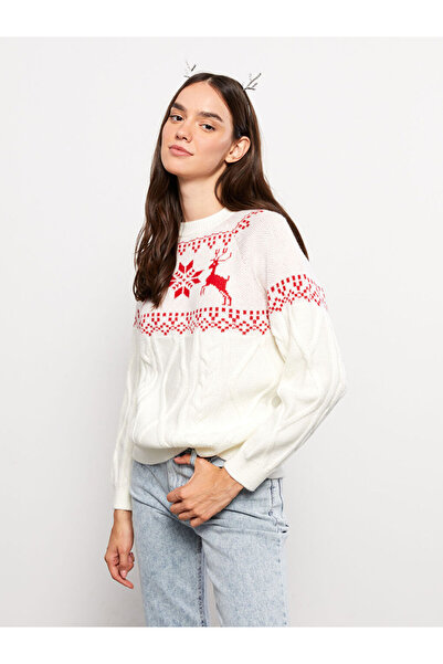 LC Waikiki Dik Yaka Yılbaşı Temalı Uzun Kollu Kadın Triko Kazak