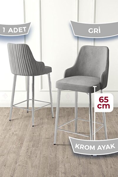Canisa Tera Serisi 1 Adet Babyface Kumaş 65 cm Krom Kaplama Ayaklı Gri Bar Sandalyesi