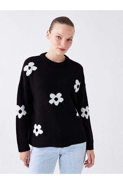 LC Waikiki Langärmliger Oversize-Strickpullover für Damen mit Rundhalsausschnitt und Blumenmuster