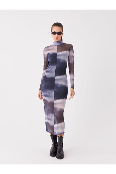 LC Waikiki Xside Grey Stand Collar Tie Dye Print Long Sleeve Women's Bodycon Dress