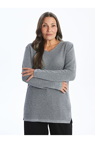 LC Waikiki Gray V-Neck Women's Knitwear Sweater