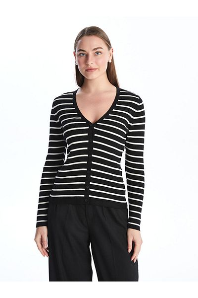 LC Waikiki Cardigan de damă cu mânecă lungă, cu decolteu în V, cu dungi