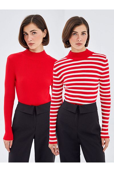 LC Waikiki White Striped Half Turtleneck Striped Women's Knitwear Sweater 2 Pack