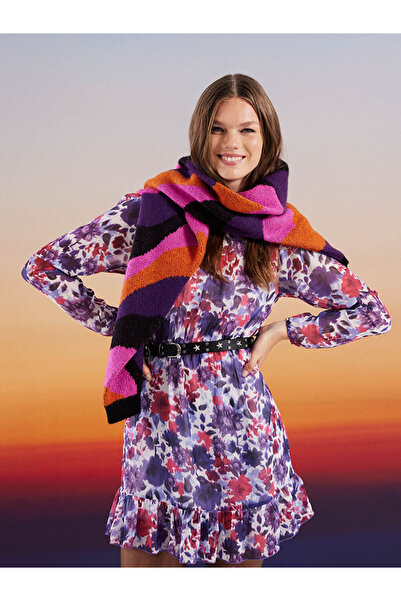 LC Waikiki Gemustertes, langärmliges Chiffon-Damenkleid – Stehkragen