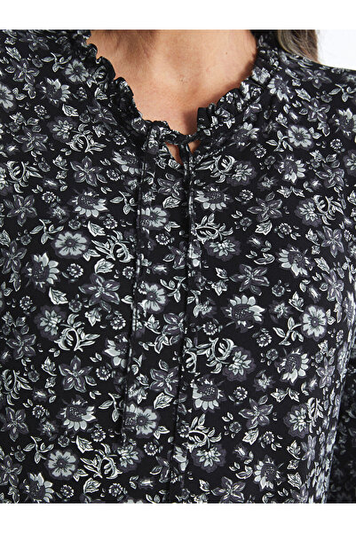 LC Waikiki Black Tie Neck Floral Long Sleeve Dress