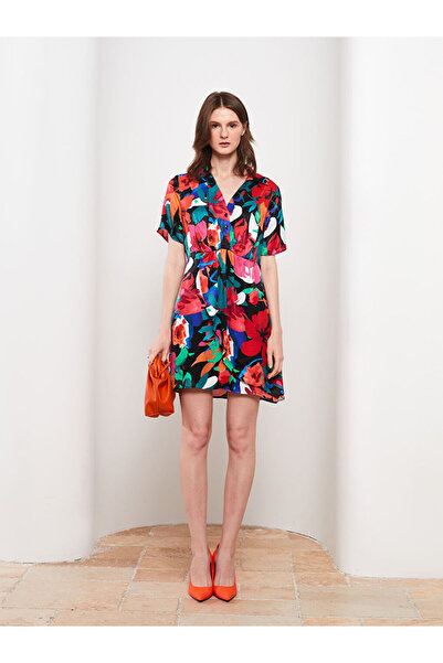 LC Waikiki Shirt Collar Patterned Short Sleeve Satin Women's Dress