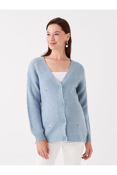 LC Waikiki V-Neck Embroidered Long Sleeve Maternity Knitwear Cardigan