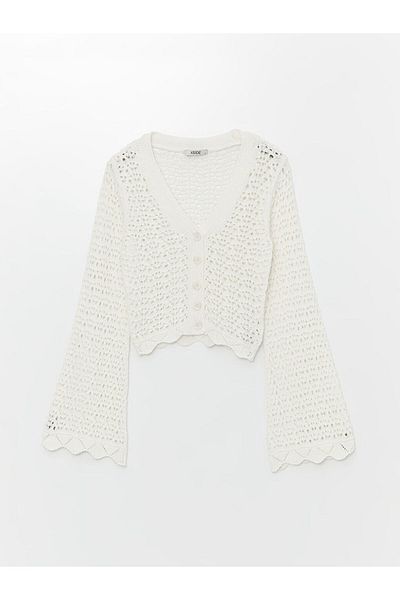 LC Waikiki Long Sleeve V-neck Women's Knitwear Cardigan - Openwork Design