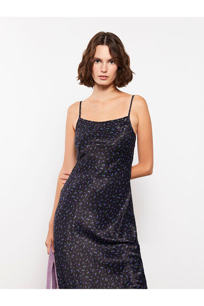 LC Waikiki Black Square Neck Floral Strap Satin Dress