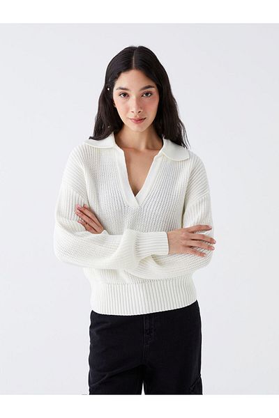 LC Waikiki Langärmliger Strickpullover für Damen mit Polokragen und selbstgemustertem Muster