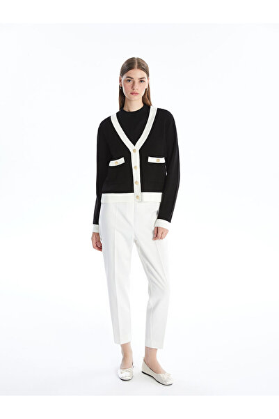 LC Waikiki Black V-Neck Color Block Long Sleeve Women's Knitwear Cardigan