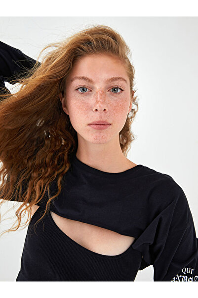 LC Waikiki Dámská košilka s dlouhým rukávem s potiskem na krku