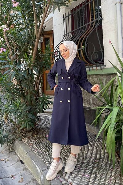 Nevayla Moda Γυναικείο παλτό με διπλό στήθος Fleece Cashmere / M0108 - Navy Blue