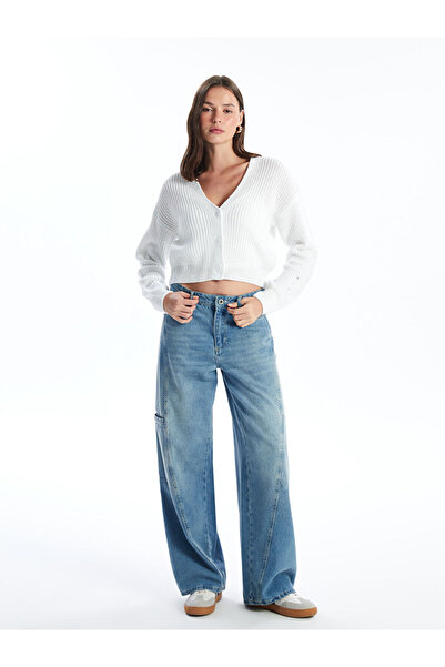 LC Waikiki XSIDE V Yaka Düz Uzun Kollu Crop Kadın Triko Hırka (W4)