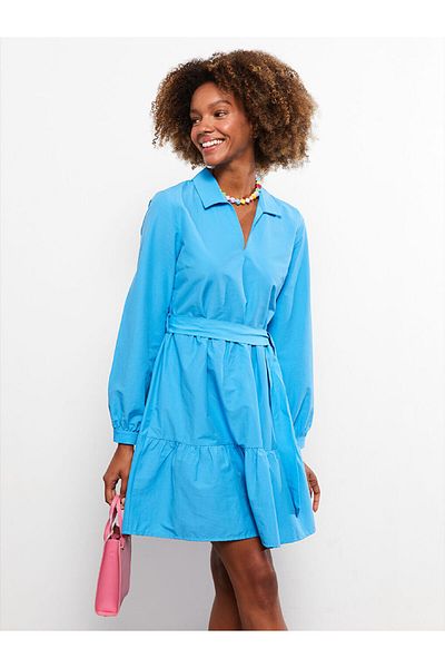 LC Waikiki Lcw Vision Blue Shirt Collar Solid Long Sleeve Poplin Women's Dress