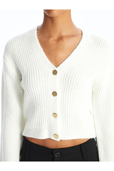 LC Waikiki Ecru V-Neck Women's Knitwear Cardigan