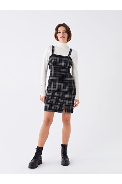 LC Waikiki Black Square Neck Plaid Strap Women's Salopet Dress
