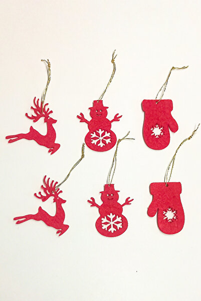 Kuzeylina 6'lı Kırmızı Keçe Yılbaşı Ağacı Süsü – Kardan Adam, Geyik ve Eldive...