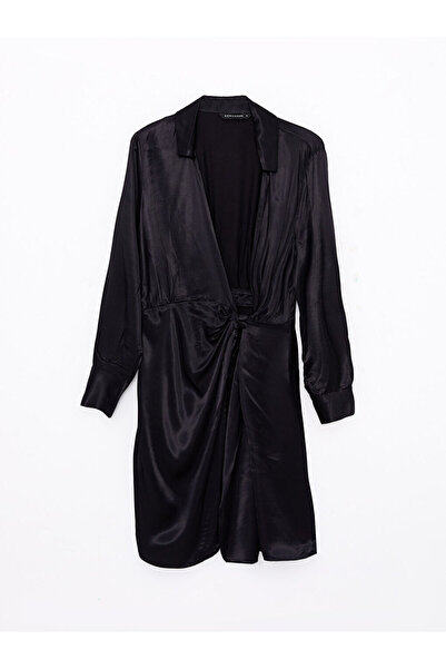 LC Waikiki Black Shirt Collar Straight Long Sleeve Satin Dress