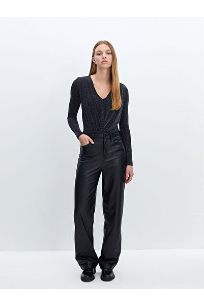 LC Waikiki Black V-Neck Shiny Look Women's Bodysuit