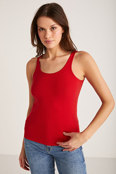 ETHIQUET Jayla Women's Cotton Slim Fit Slim Fit Thick Straps Hollow Collar Knitted Basic Red Undershirt