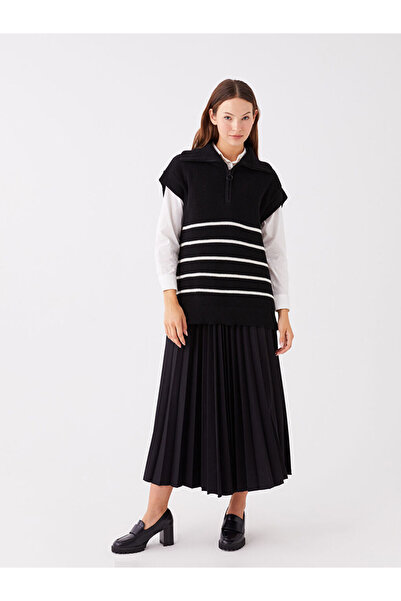 LC Waikiki Gestreifter Oversize-Strickpullover mit Hemdkragen für Damen