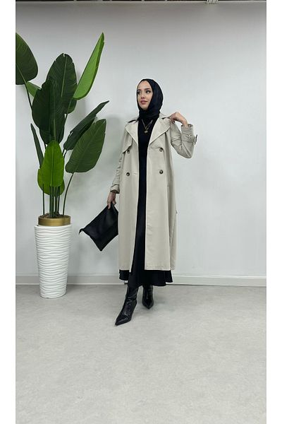Tesettür Diyarı Torino Fabric Trenc 120cm - Back Slit Detail, Cream