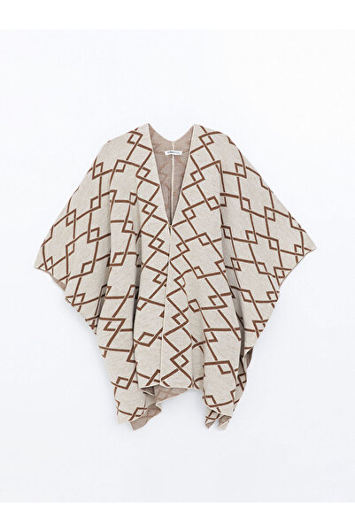 LC Waikiki Beige Shawl Collar Patterned Women's Knit Poncho