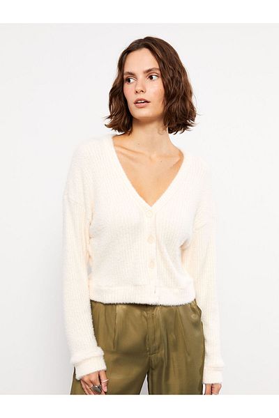LC Waikiki Lcw Vision Ecru V-Neck Women's Knitwear Cardigan