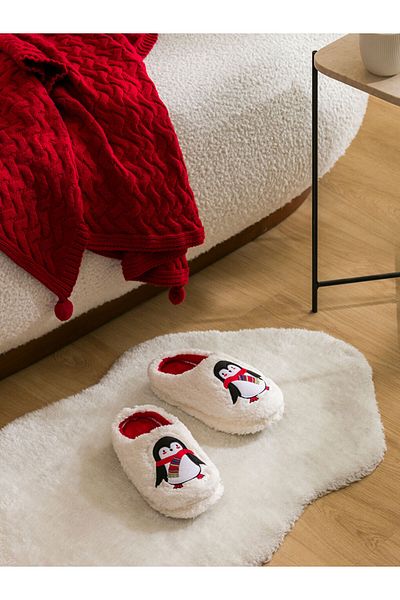 LC Waikiki Ecru Embroidered Plush Women's House Slippers