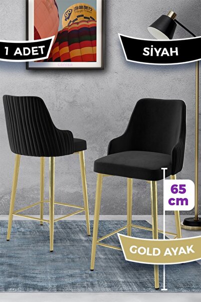 Canisa Tera Serisi 1 Adet Babyface Kumaş 65 cm Gold Kaplama Ayaklı Siyah Bar Sandalyesi