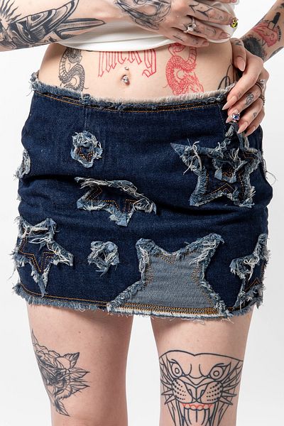 Bak Moda Fustă mini denim bleumarin - Design cu broderie cu stele