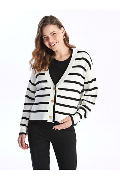 LC Waikiki Long Sleeve V-Neck Striped Women's Knitwear Cardigan