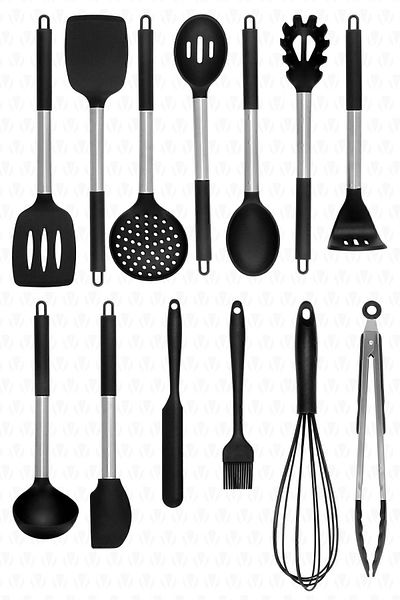 valletta Mora 14 Piece Stainless Steel Silicone Tip Spatula Kitchen Set Black